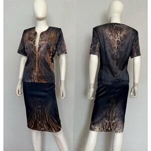 NWT Satin Skirt Suit 2Pc Set Blazer/Skirt Short Sleeves Lined‎ Collarless